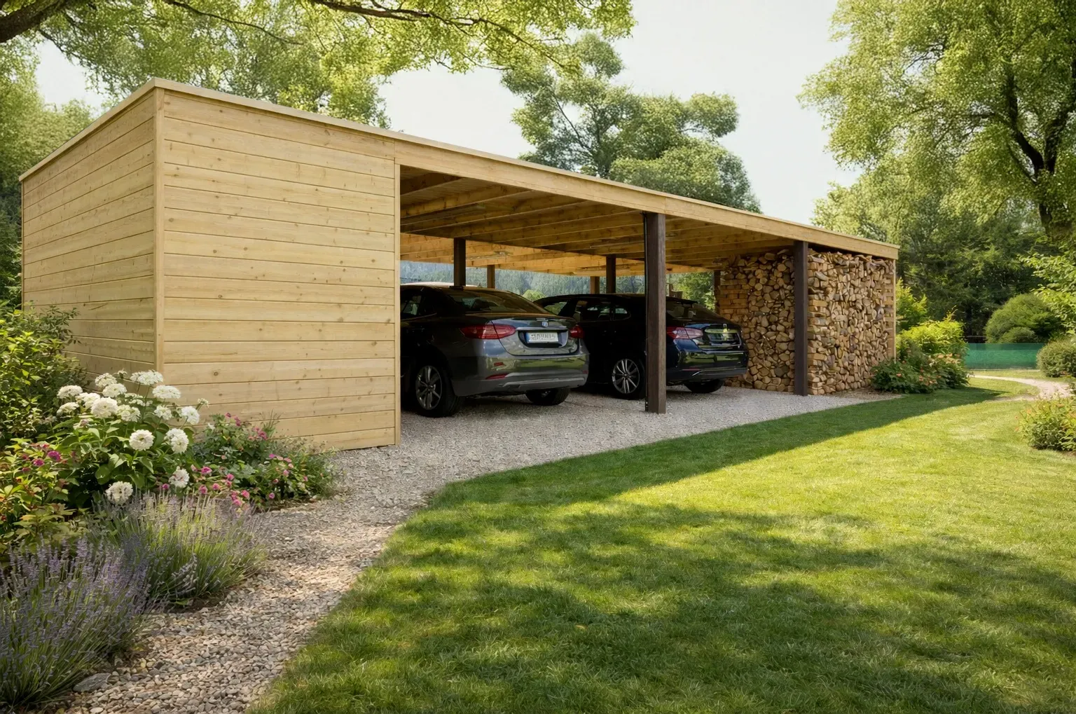 carport double avec auvent en bois de pin trait&eacute;
